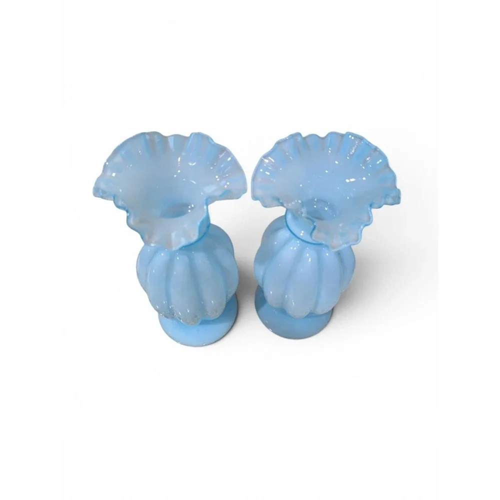 Vintage Blue Opalescent Milk Glass Melon Ribbed Ruffled Rim Vases Pair 8.5